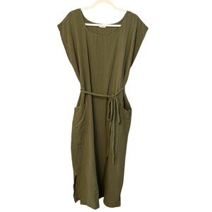 Erin Macleod Cotton Gauze Midi Dress Olive Green Medium/Large Coastal Minimalist